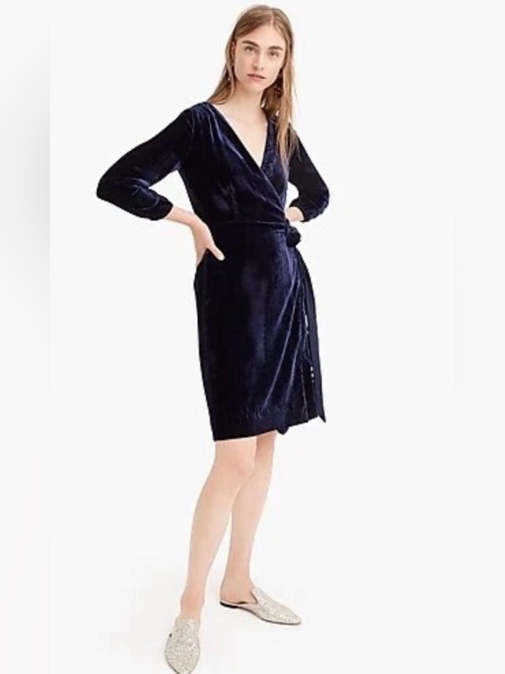 J.Crew Navy Blue Velvet Wrap Dress Women’s Size 10 Long Sleeve Holiday Cocktail